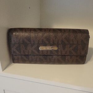 Michael Kors Classic MK Brown Logo Wallet with Gold Accent snap closure